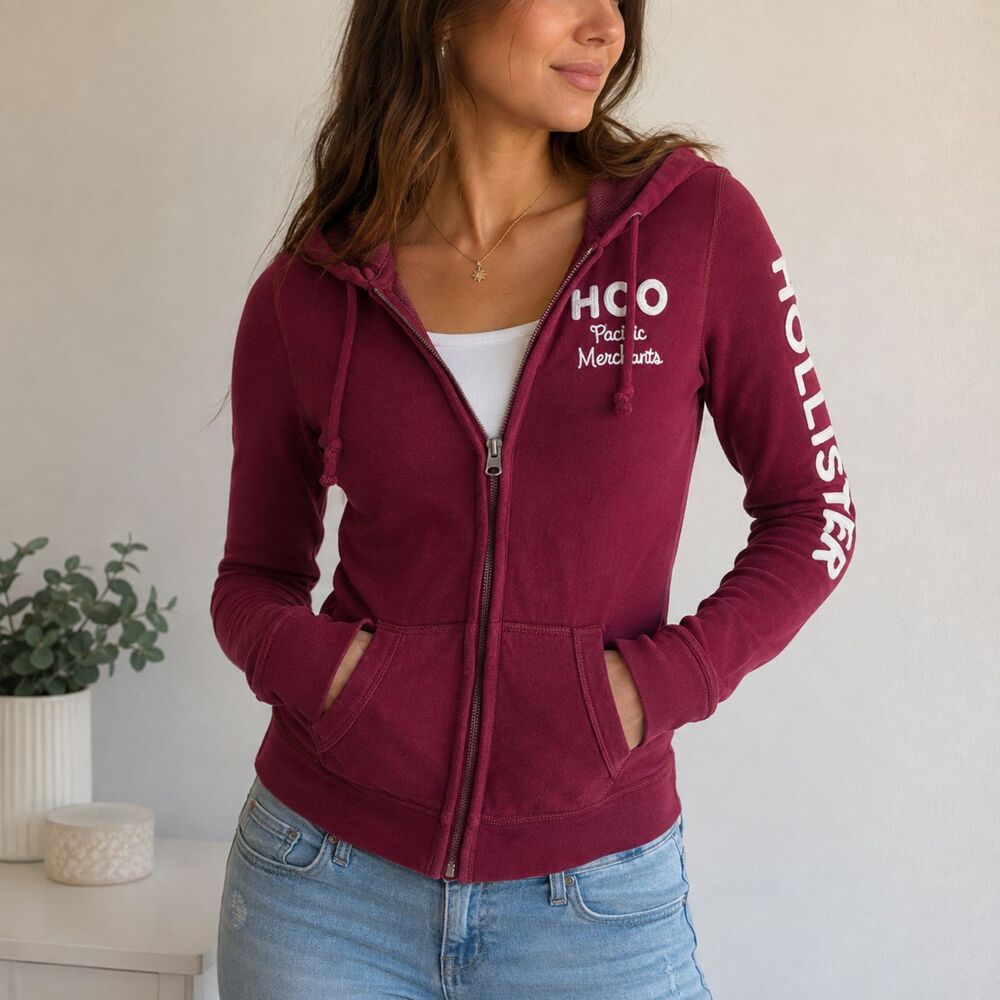 Hollister HCO Pacific Merchants Hoodie Women M Burgundy Y2K Full Zip Logo